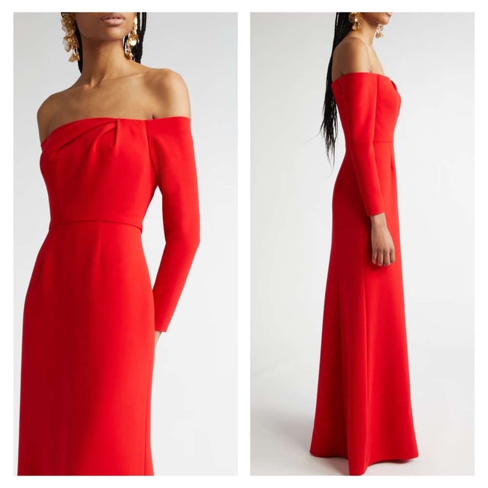 Carolina Herrera Red Off Shoulder Gown Maxi Long Sleeve 0 Formal Wedding NWT - Picture 5 of 16